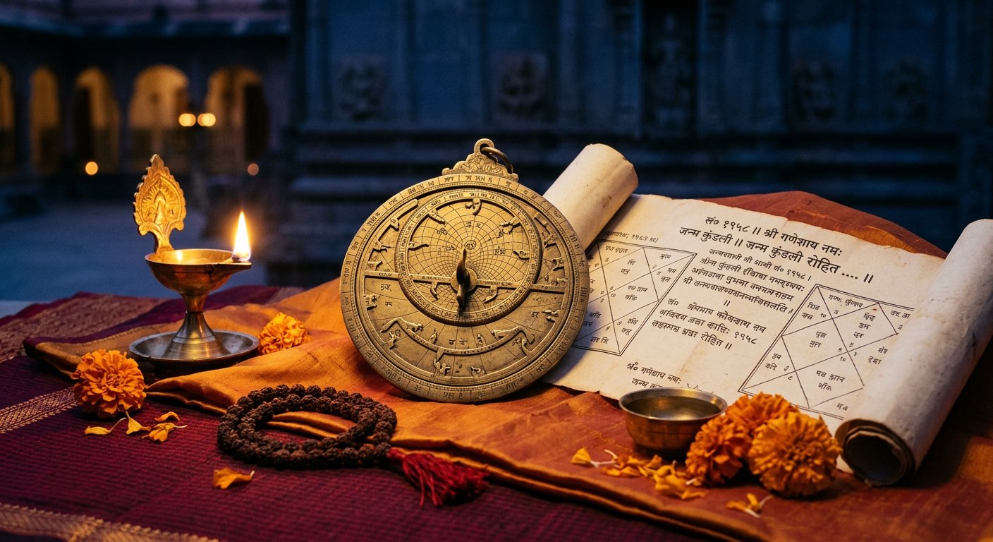 पारंपरिक वैदिक ज्योतिष यंत्र, जन्म कुंडली पत्रिका, दीपक एवं रुद्राक्ष माला